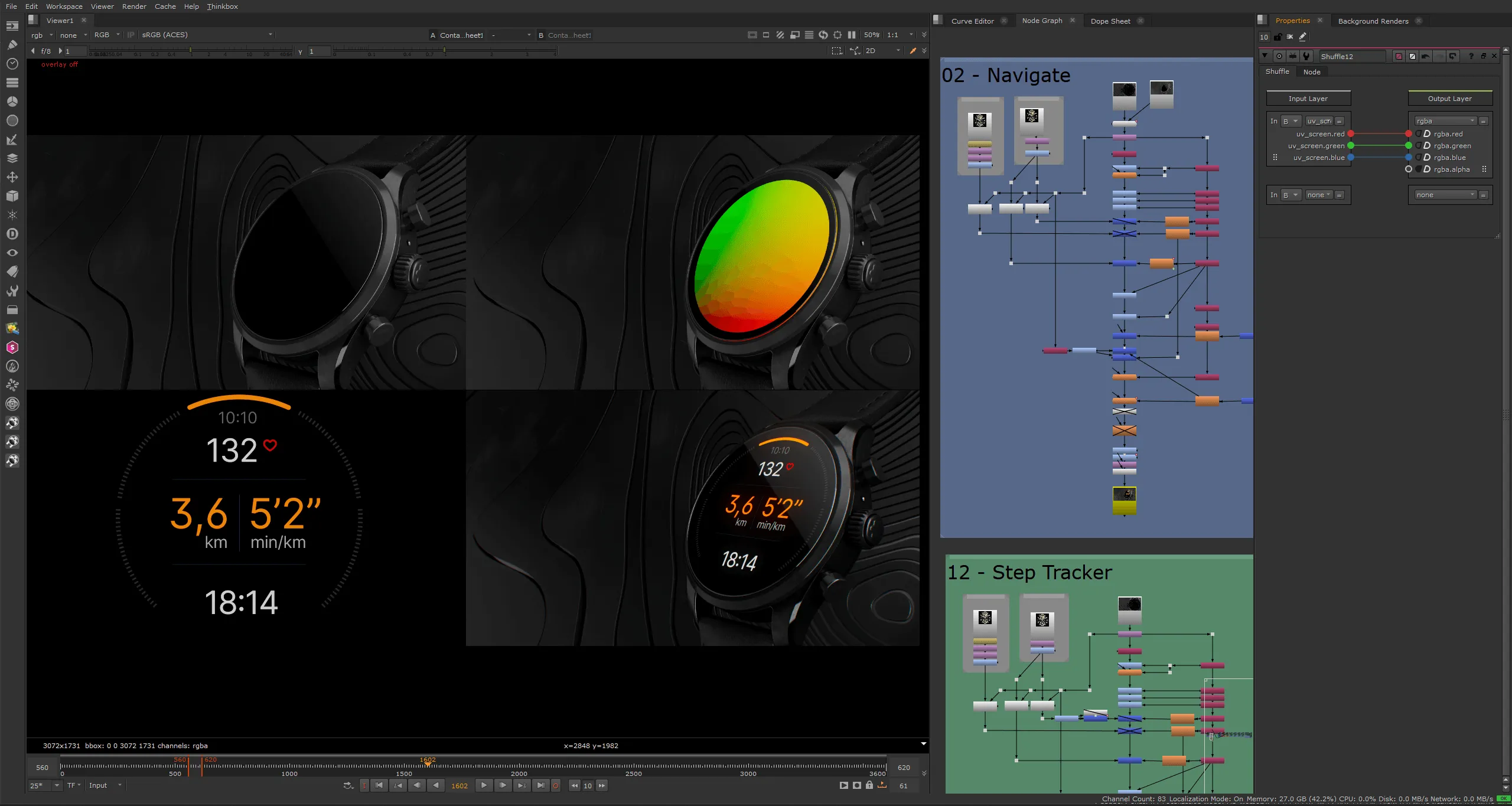 Mapping of the 2D UI animation inside the 3D render using the STMap node in Nuke