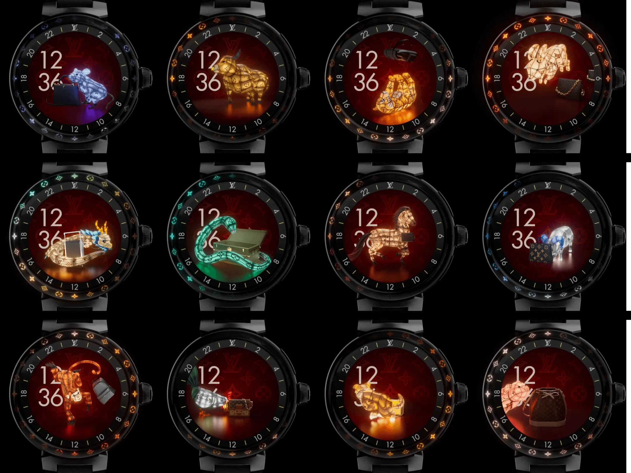 The 12 animals used in context in the watchfaces on the Tambour Horizon 3, with synced LED animations.