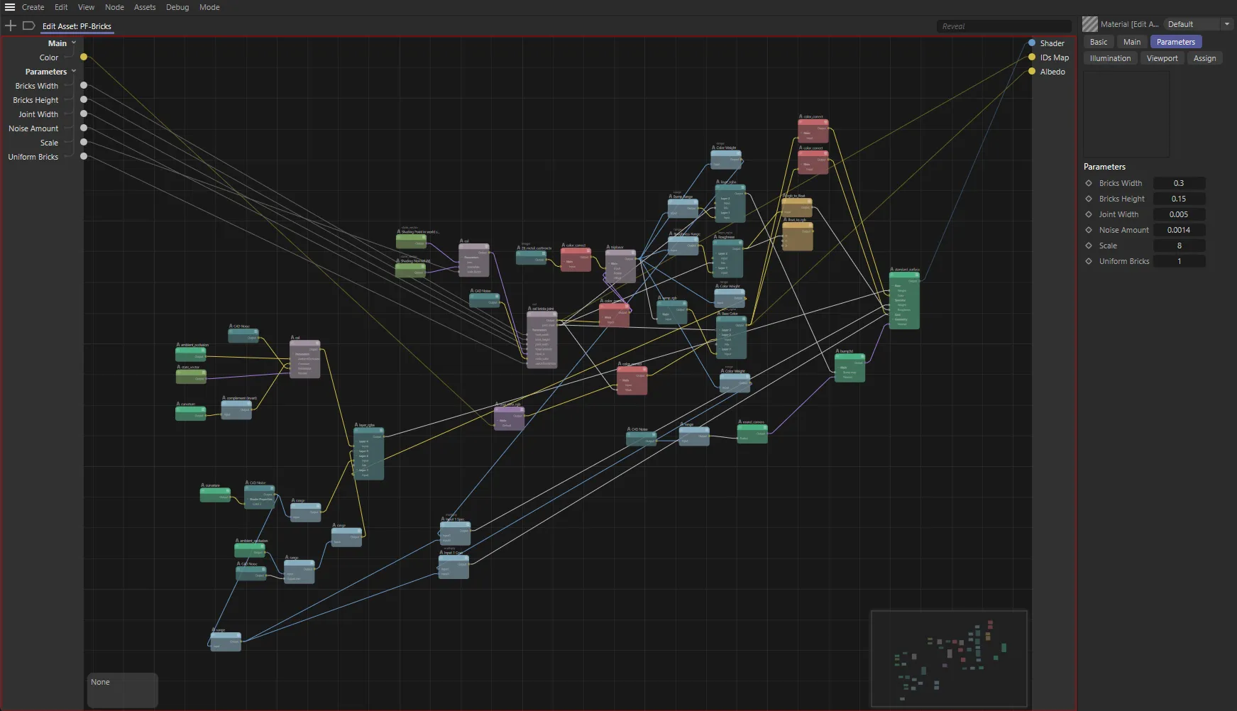 General overview of the PF-Brick material asset in Cinema 4D with custom parameters exposed